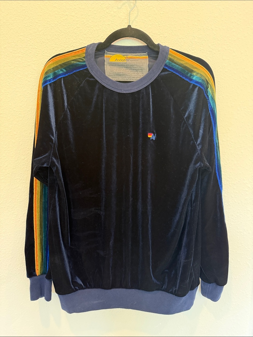 Aviator Nation Navy Velvet Crewneck with Rainbow Shoulder Stripes